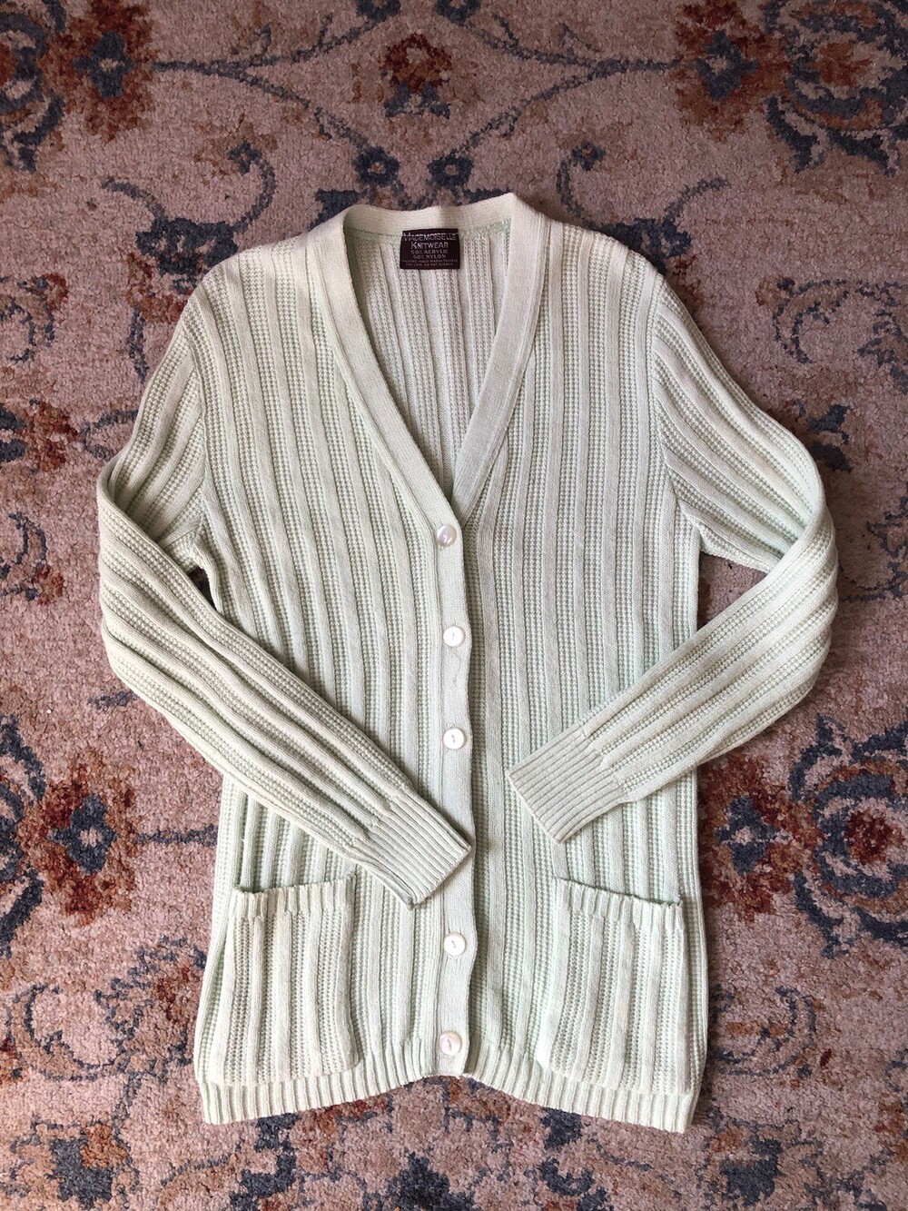 Vintage 90s Mademoiselle Green Cable Knit Sweater Womens Medium Button Up 50/50